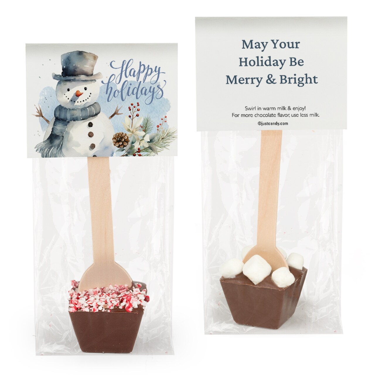 Happy Holidays Snowman Hot Chocolate Spoon Favors For Christmas Gifts, Holiday Party Favors, Goodie Bags, Festive Giveaways, Candy Table Assortments & More